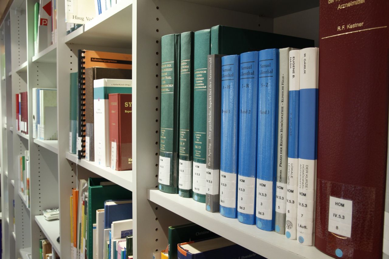 Home Neatly arranged bookshelves in a contemporary library setting for study and research.