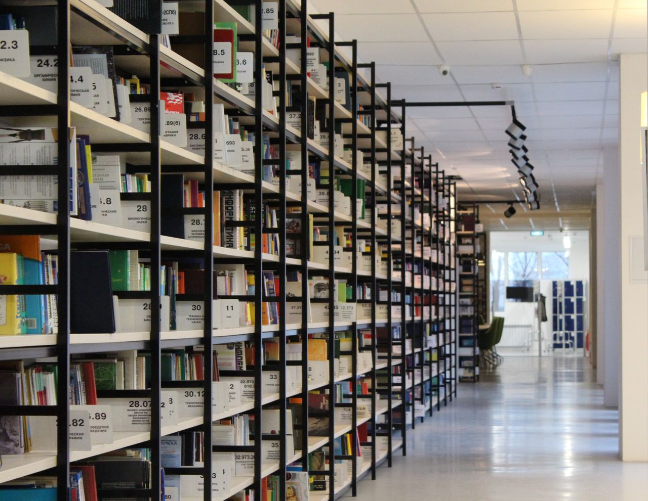 Services A spacious modern library with organized bookshelves and a well-lit aisle, perfect for reading and research.
